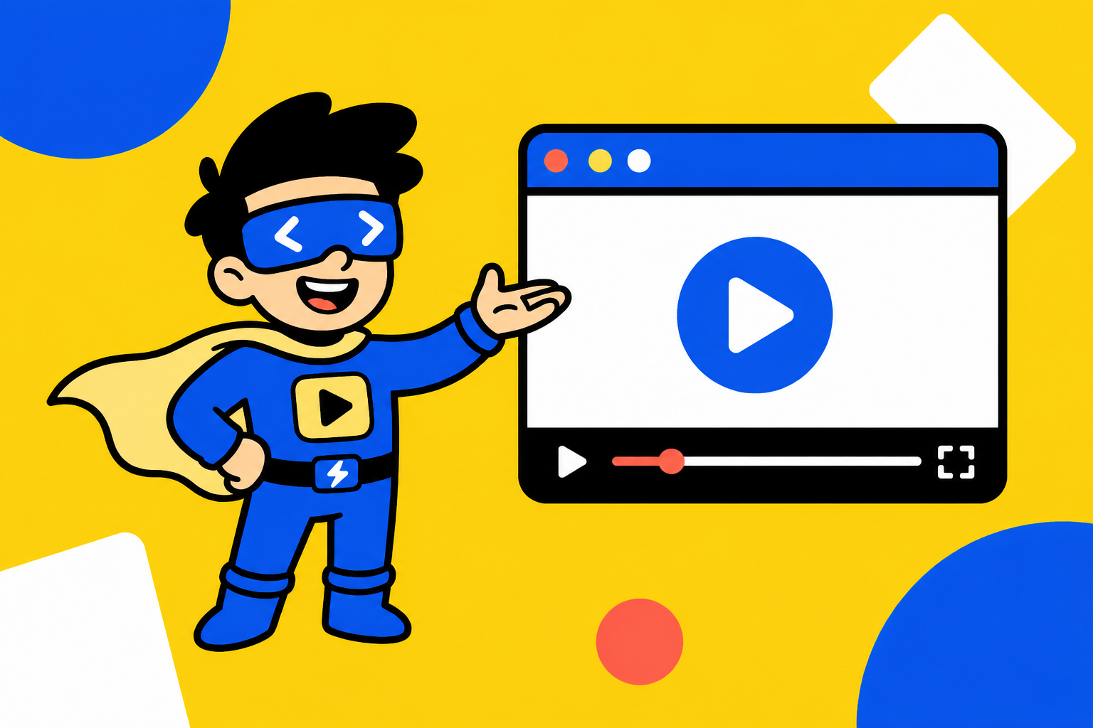 A friendly SuperDuper Videos superhero presenting a hosted video player